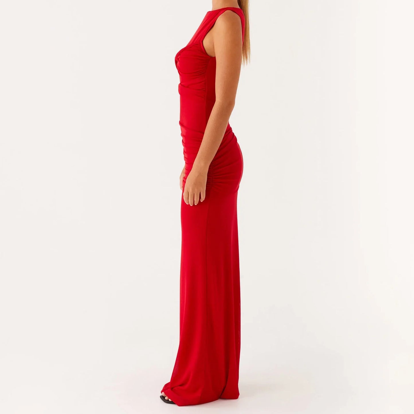Red Twist Knot Sleeveless Maxi Dress – Elegant Y2K Ruched Gown