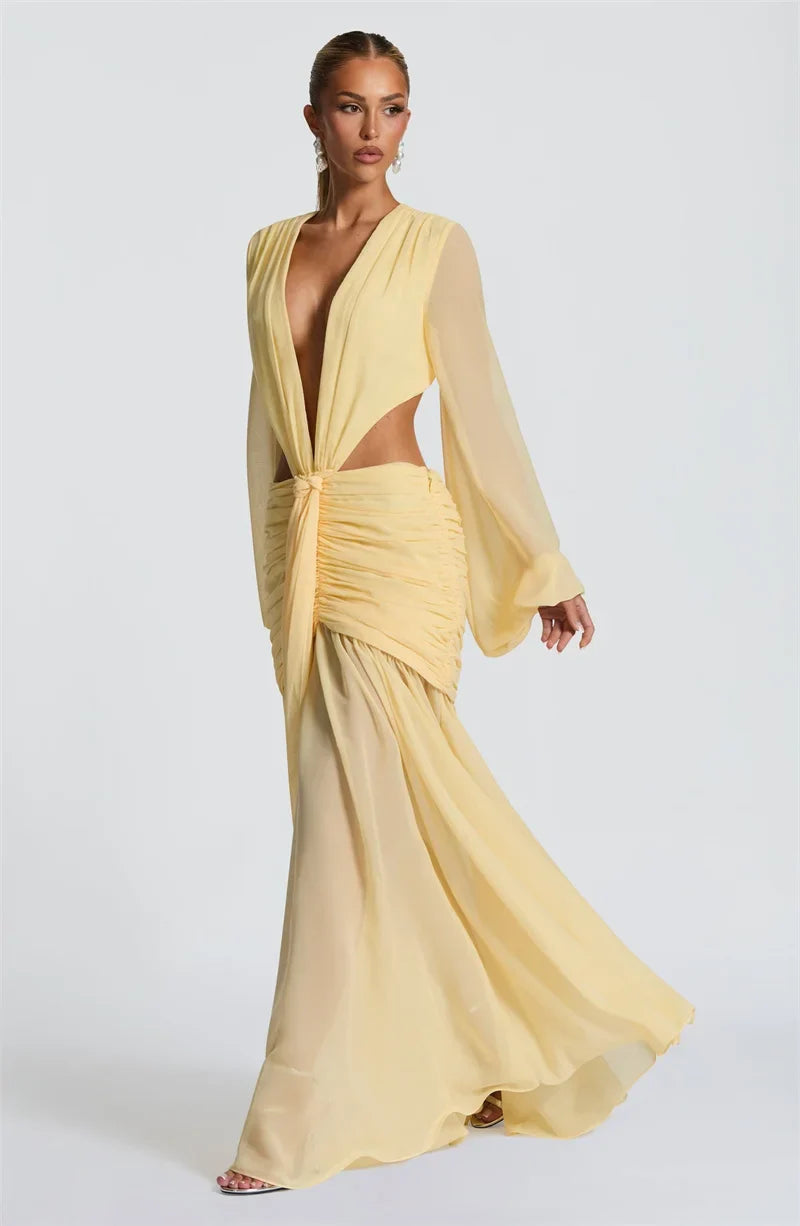 Deep V Maxi Gown | Sheer Sleeve Resort Party Dress