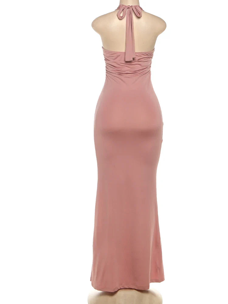 Peach Halter Ruched Maxi Open Back Dress