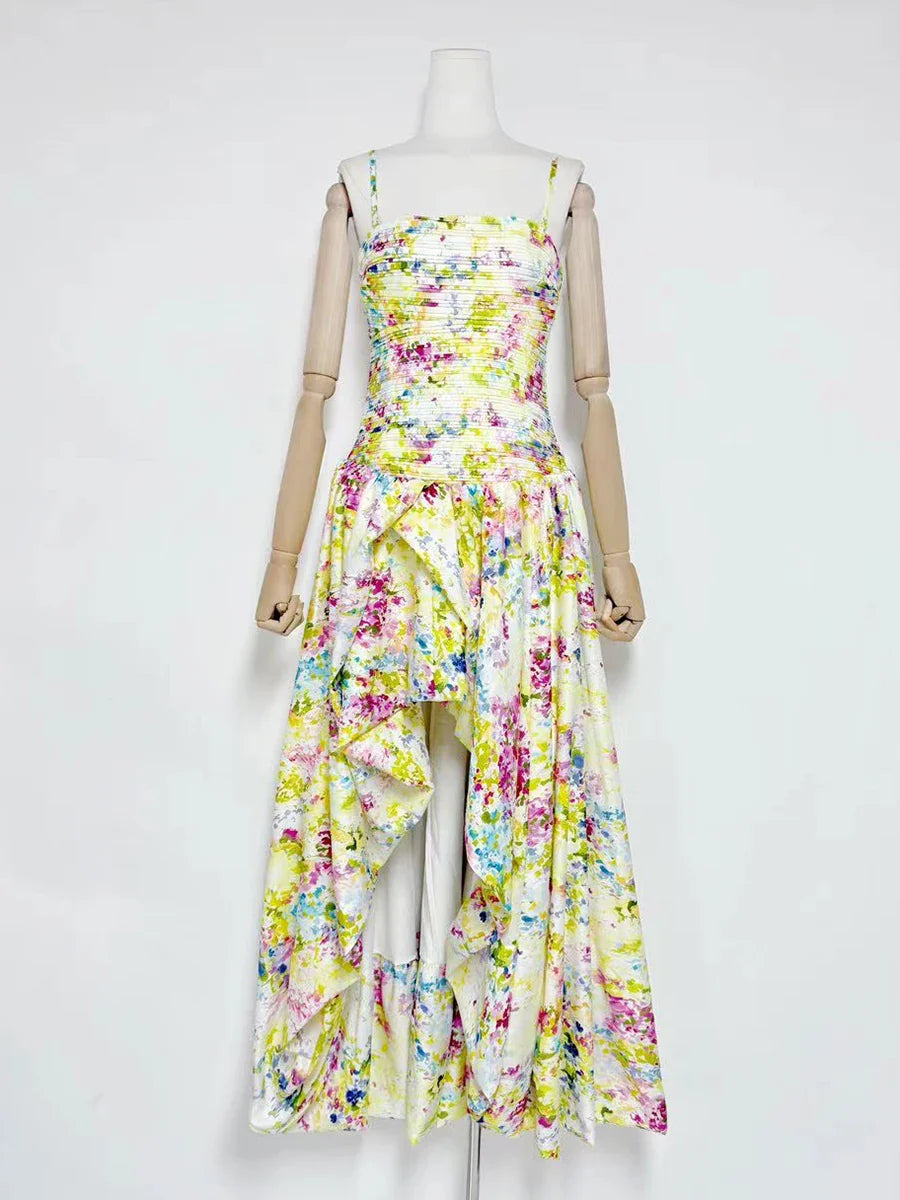 Floral dress on a mannequin against a white background