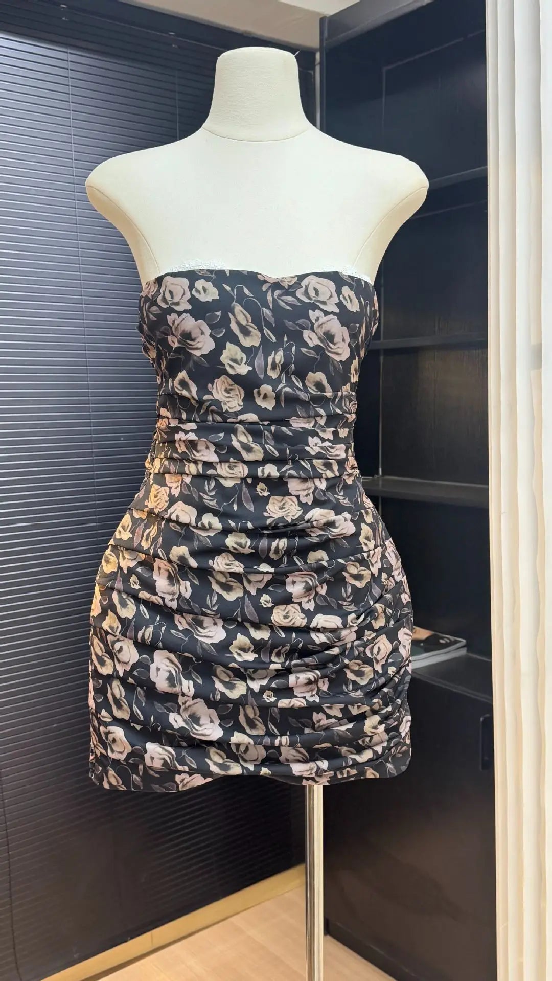 Black & Apricot Floral Print Strapless Mini Dress