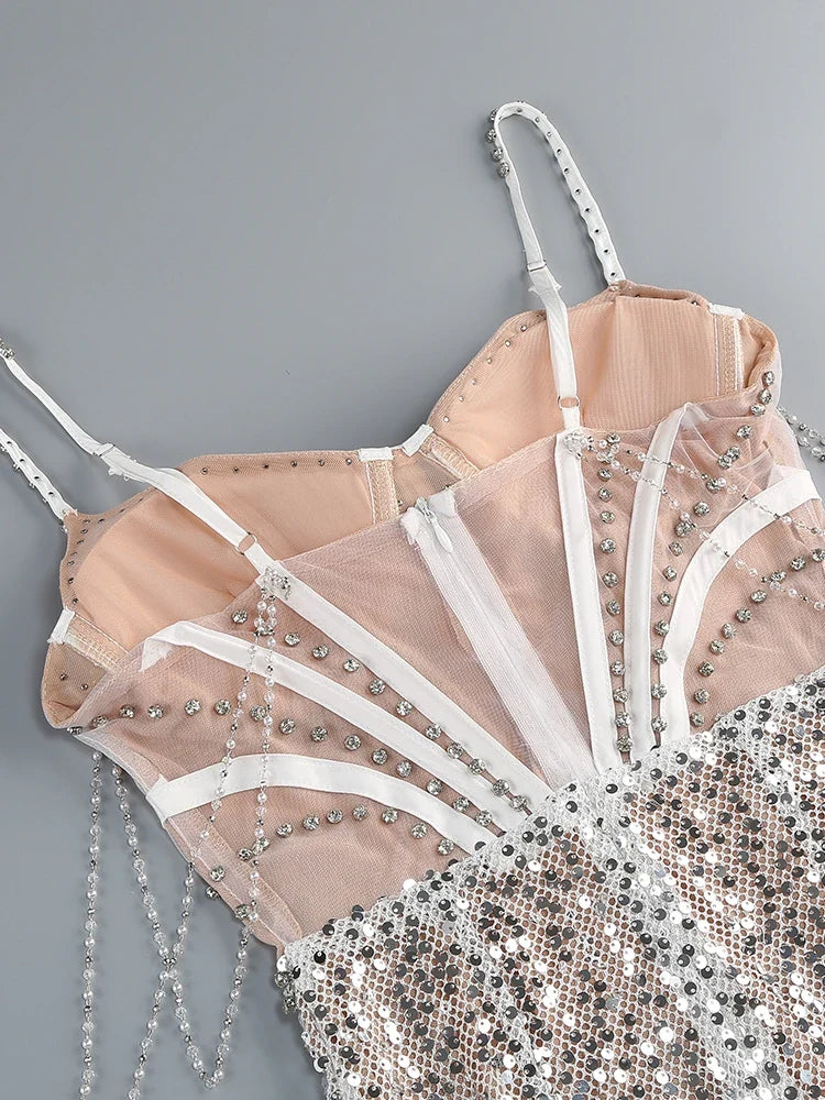 Diamonds Chain Beaded Mini Dress | Spaghetti Strap Party Gown