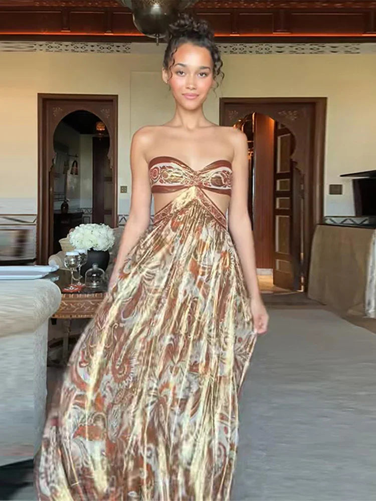 Printed Tube Maxi Dress - Strapless Hollow Out Backless Draped Robe