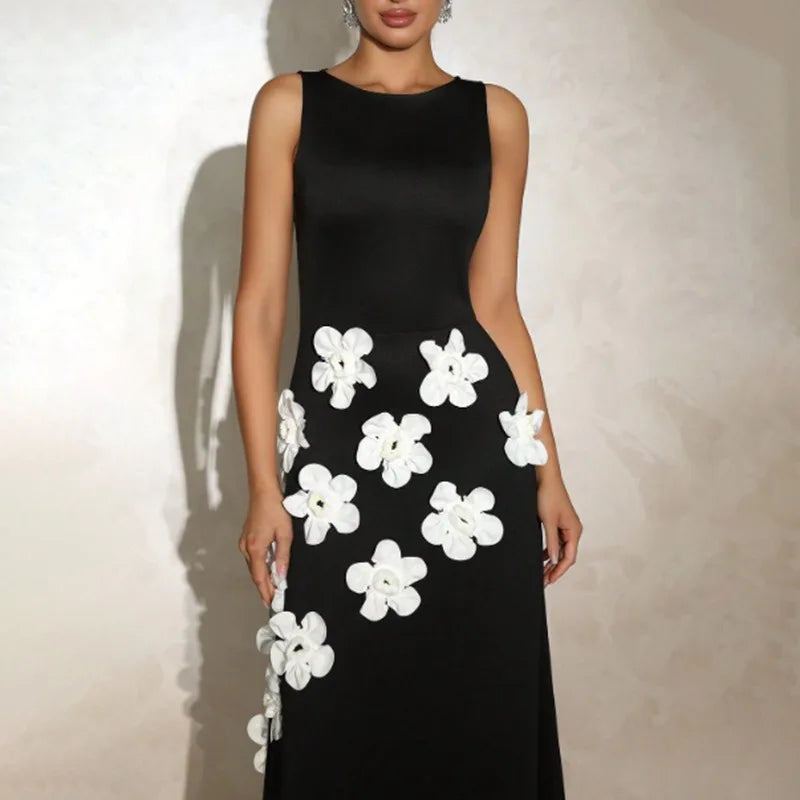 White Floral Embroidered Maxi Dress | Black 3D Flower Detail