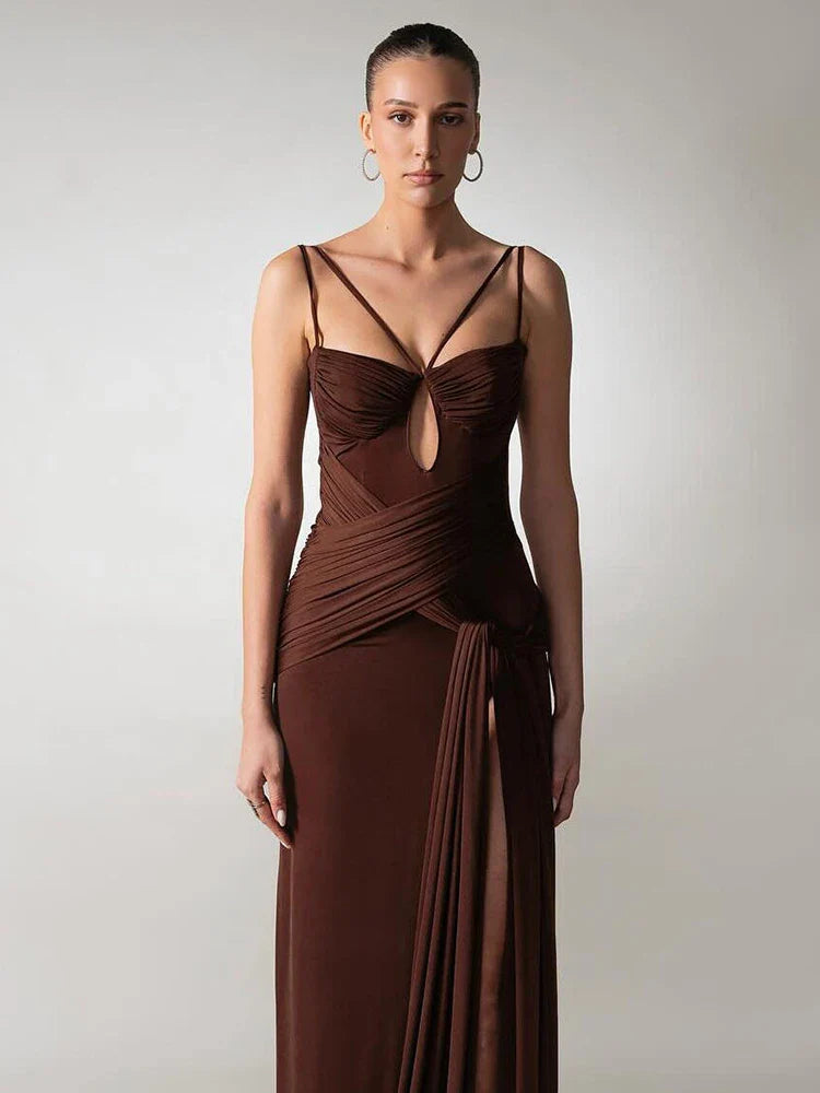 Hollow Out Sheath Gown | Spaghetti Strap High-Slit Maxi Dress