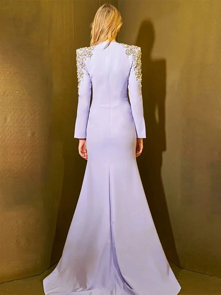 Elegant Diamond Beaded Sleeve Lilac Maxi Dress – Mermaid Silhouette Evening Gown