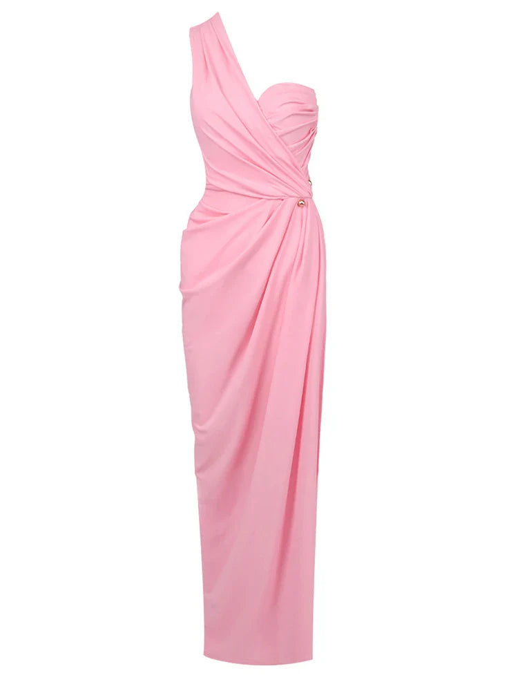 Pink one-shoulder dress on a white background