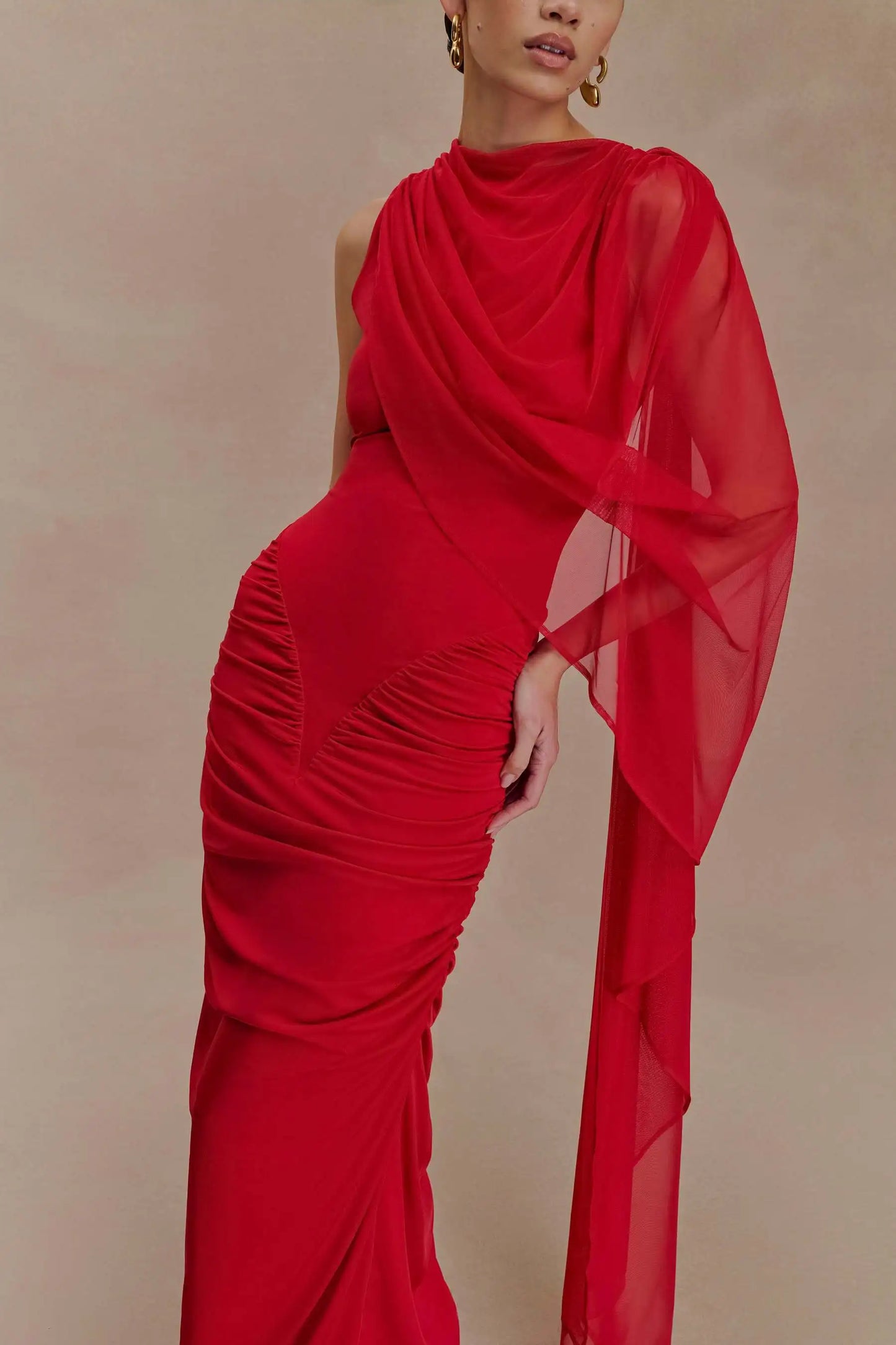 One Shoulder Shawl Drape Pleated Bodycon Long Dress