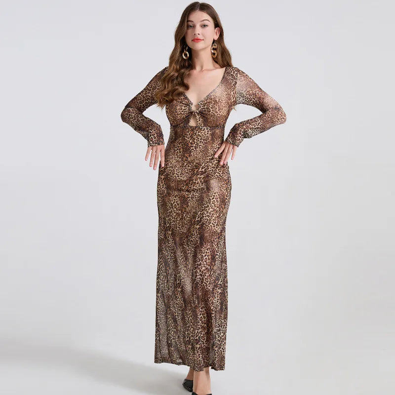 Woman wearing a leopard print dress 