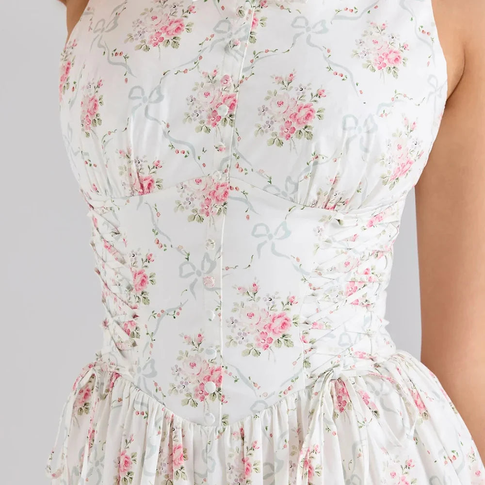 White Print Spliced Maxi Dress - Lace Up Slimming A-Line