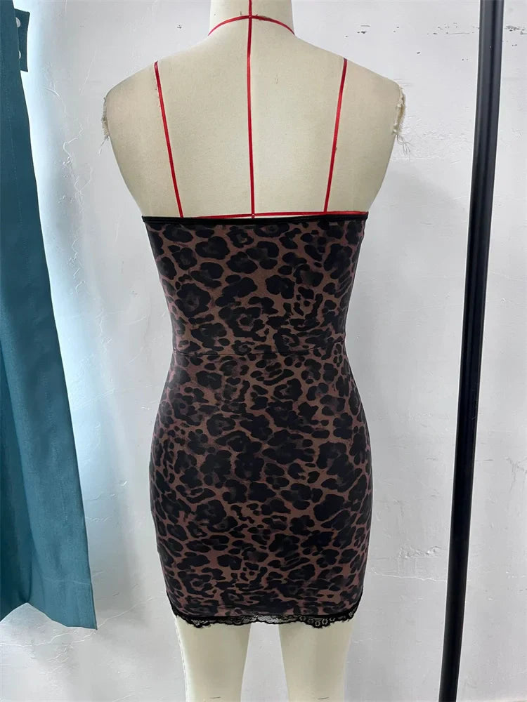 Lace Leopard Print Buckle Mini Bodycon Dress