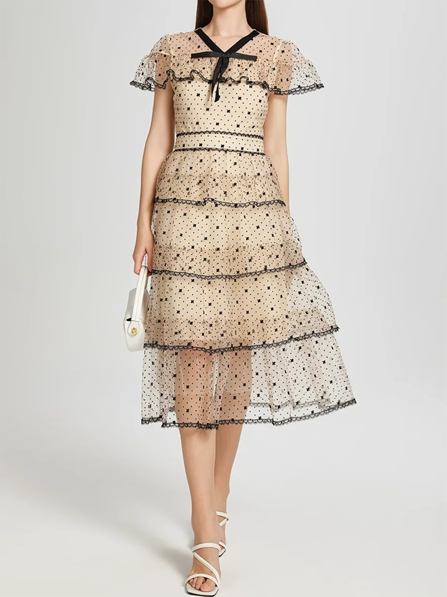 Apricot Sheer Spliced A-Line Midi Dress