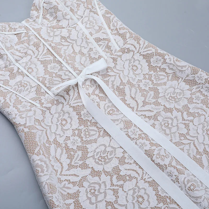 Spaghetti Strap Floral Lace White Maxi Dress