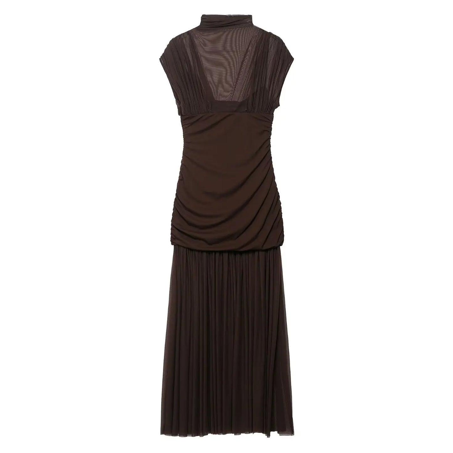 Black See-Through Pleated Mesh Maxi Dress