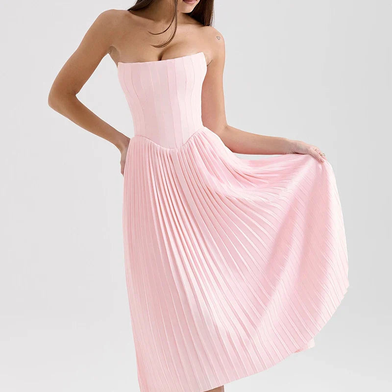 Pink Strapless Pleated Midi Dress with Sculpted Bodice