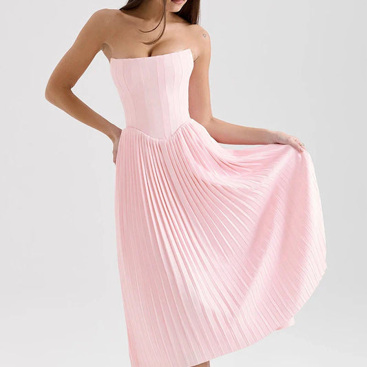Pink Strapless Pleated Midi Dress with Sculpted Bodice