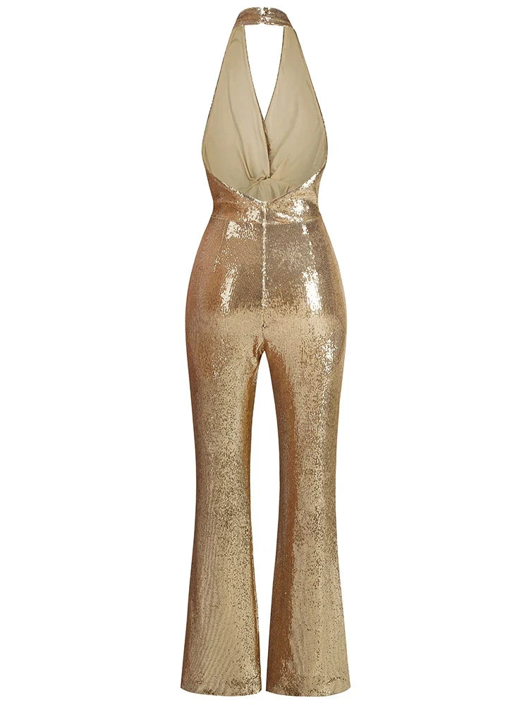 Gold Sequin Sleeveless V Neck Wide Leg Jumpsuit