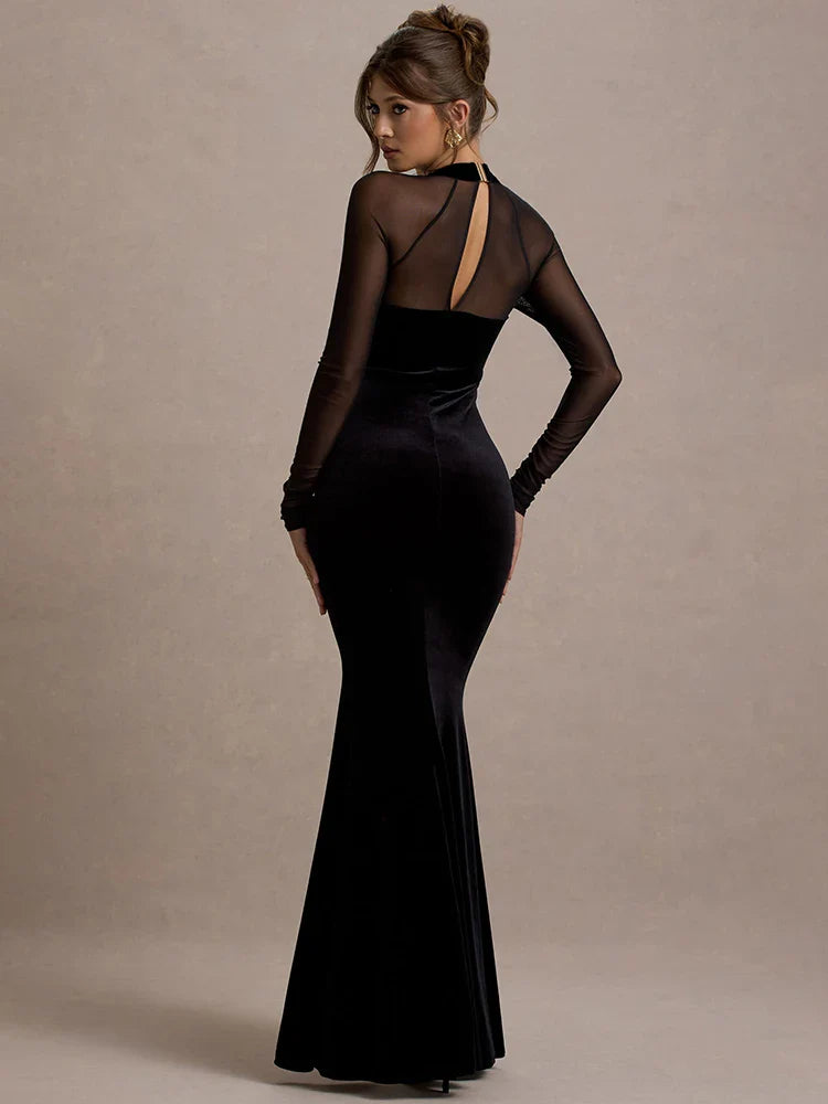 Black Velvet Square-Neck Mesh Sleeve Maxi Dress