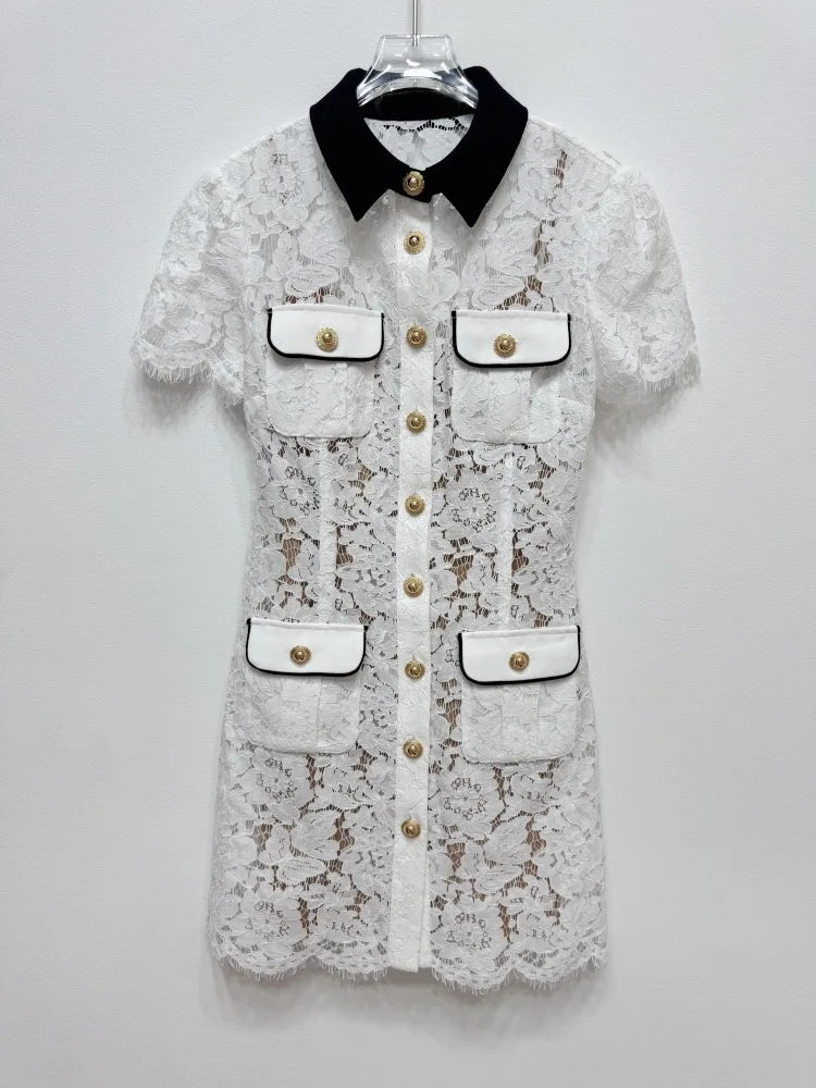 White Lace Short Summer Dress with Black Collar – Embroidered Fit & Flare Pocket Dress