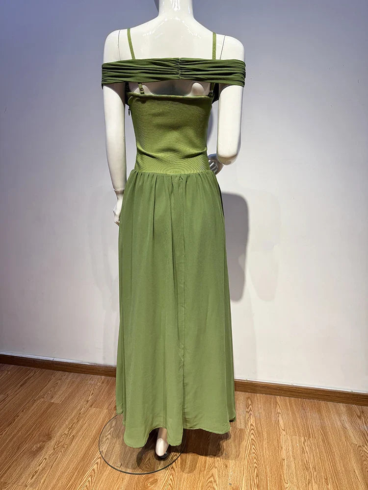 Green Off-Shoulder Pleated Maxi Dress | Elegant Evening & Cocktail Wear