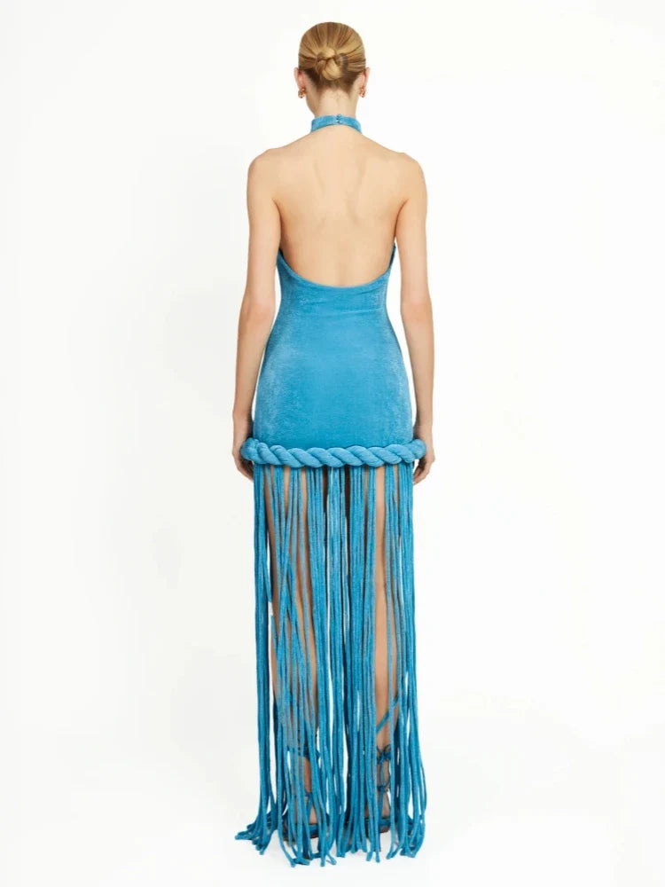 Blue Velvet Halter Fringe Gown with Braided Detail