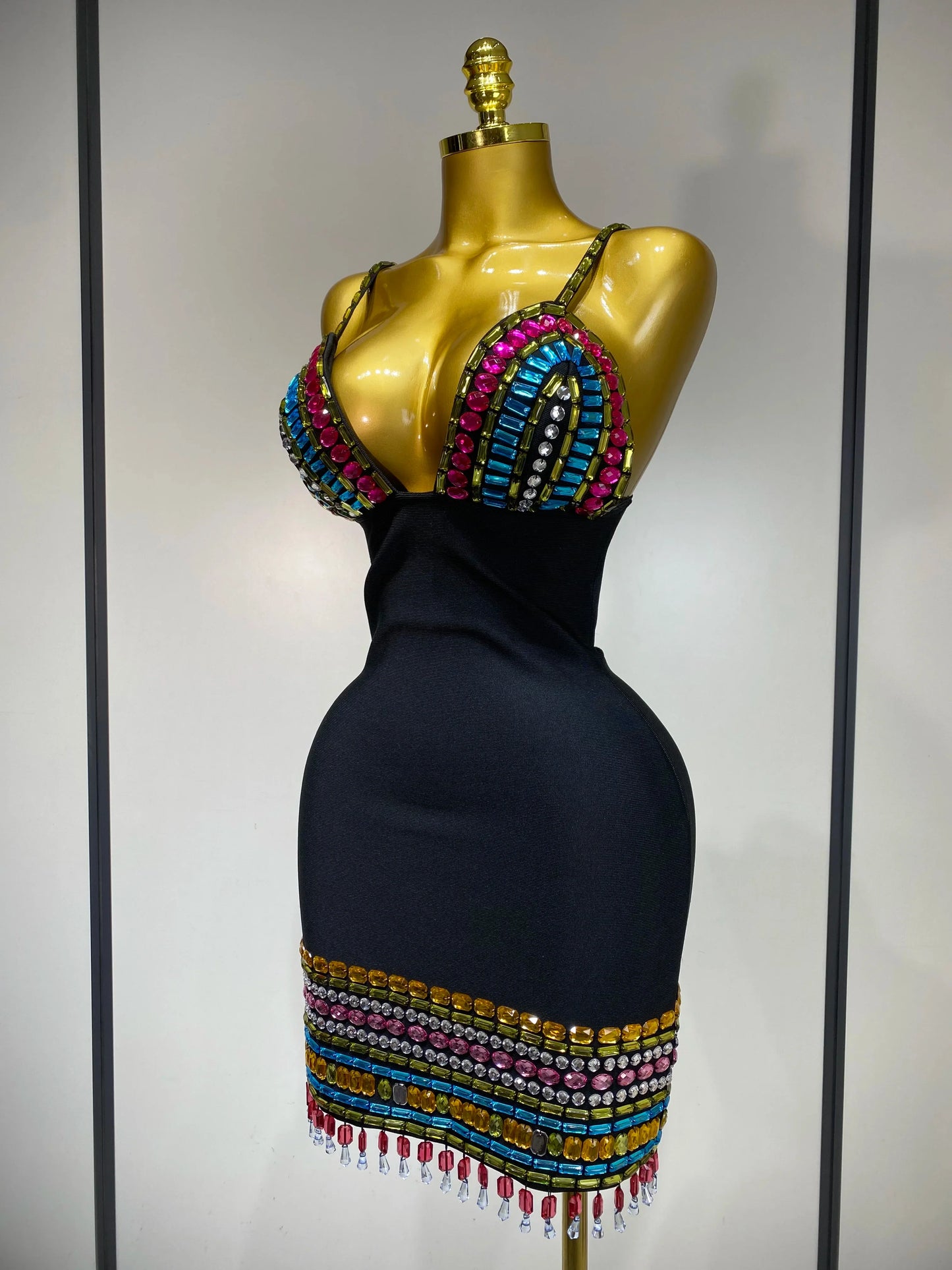 Black Sparkly Colorful Diamonds V-Neck Bodycon Mini Dress