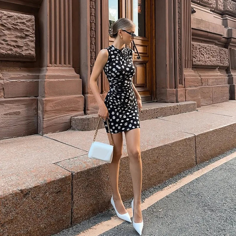 Half High Collar Polka Dot Mini Dress