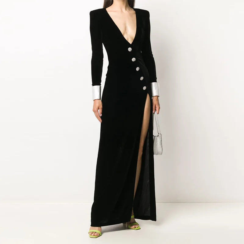 Black Velvet Diamond Buttons High Slit Maxi Dress
