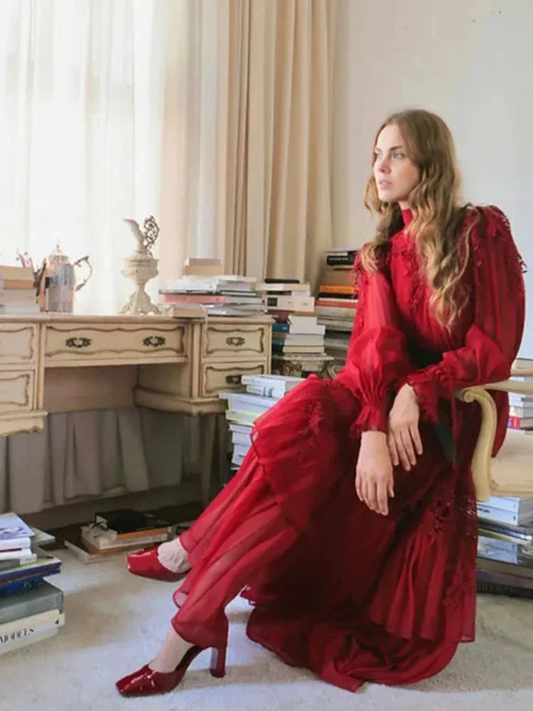 Lace Tiered Evening Gown | Belted Long Sleeve