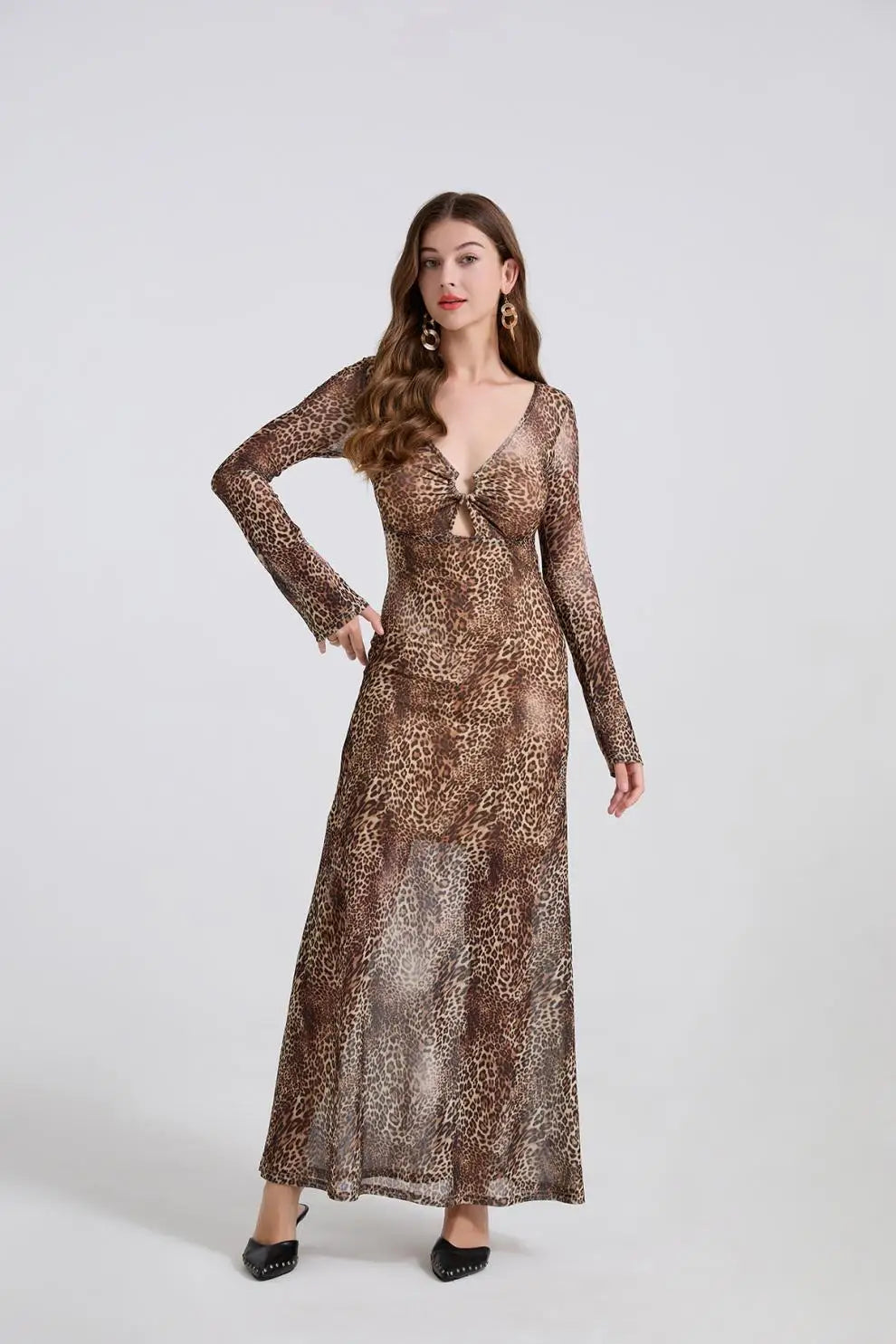 Leopard Print Long Sleeves V-neck Maxi Dress