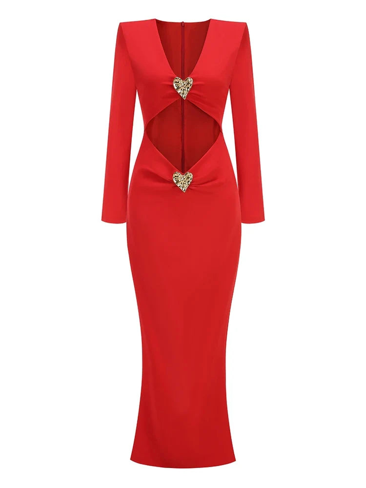 Red V-Neck Cutout Gown with Metal Heart Accent