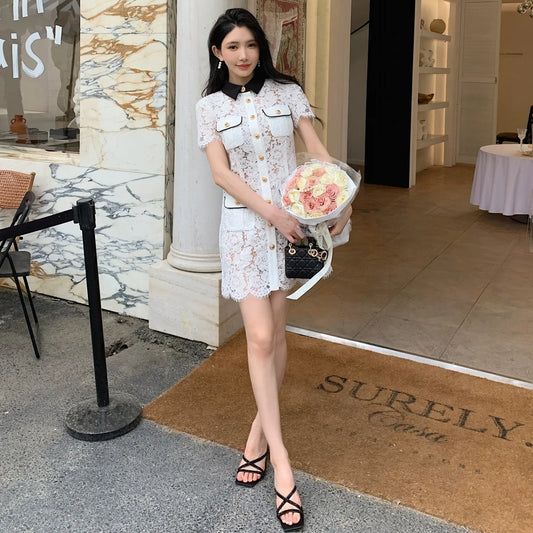 White Lace Short Summer Dress with Black Collar – Embroidered Fit & Flare Pocket Dress