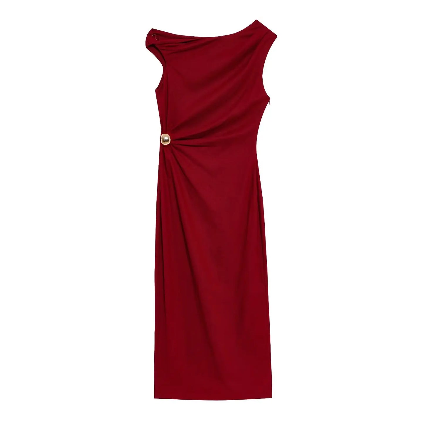 Red one-shoulder dress with a gold button