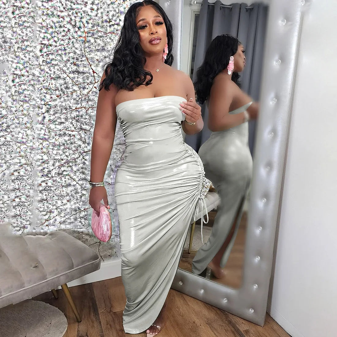 Metallic 2-Piece Set | Strapless Tube Bodysuit & Drawstring Skirt (Green, Silver, White, Black)