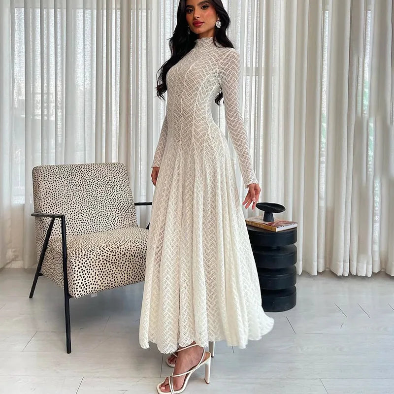 Lace Embroidery High Collar Long Sleeve Maxi Dress