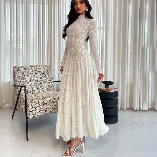 Lace Embroidery High Collar Long Sleeve Maxi Dress