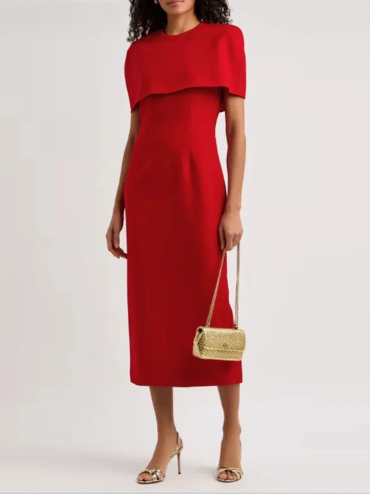 Red Round Neck Shawl Midi Dress