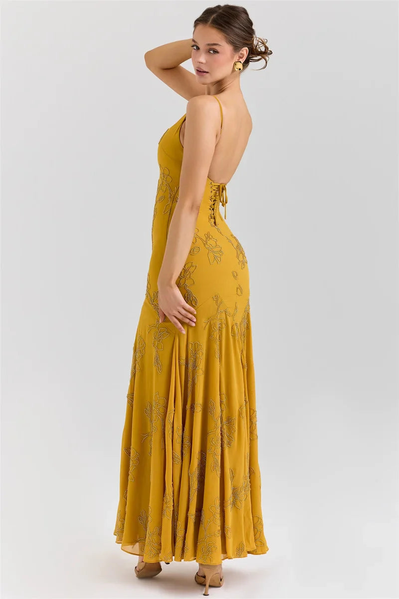Mustard Beaded Spaghetti Strap Backless Maxi Dress – Elegant