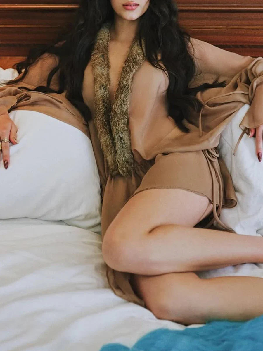 Beige Faux Fur Collar Mini Dress | Chic Butterfly Sleeve Evening