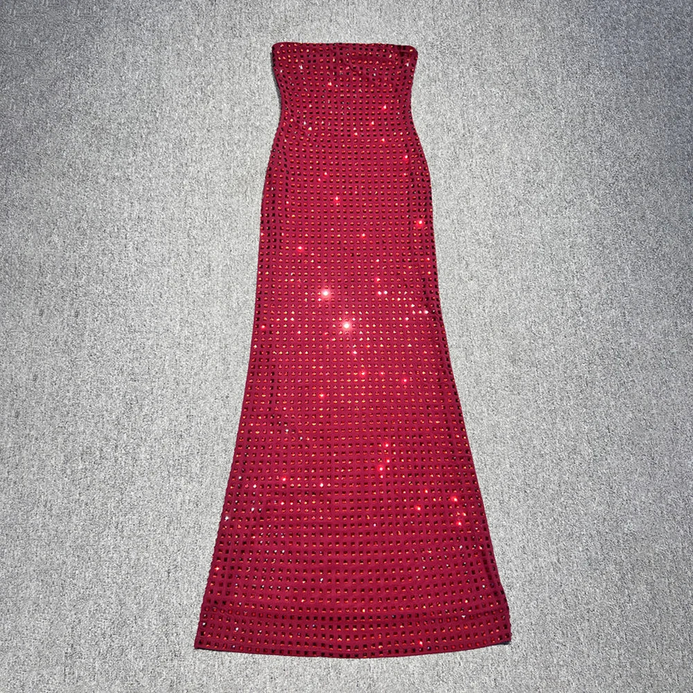 Red Wine Crystal Beaded Strapless Gown – Elegant Backless Evening Maxi Dress