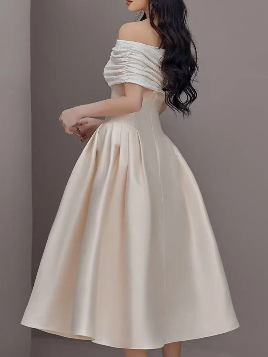 Strapless Pleated Satin A-Line Midi Gown