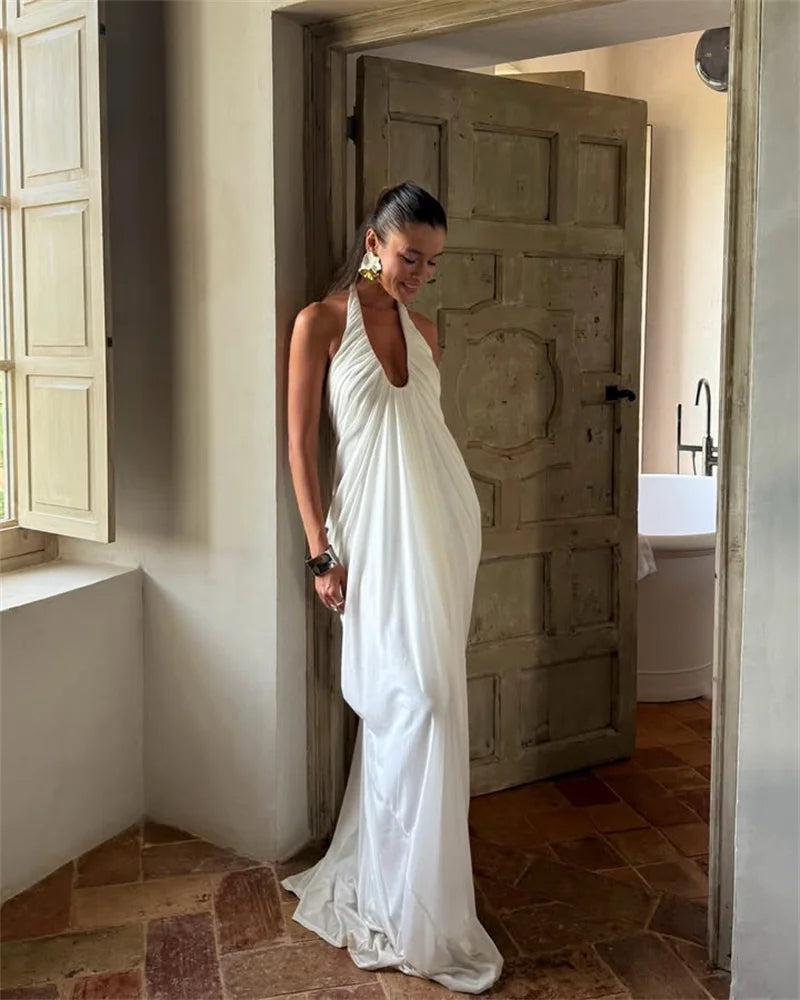 White Halter Drape Maxi Dress