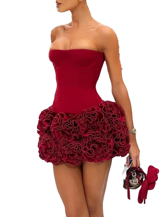 Red Strapless Mini Dress with Fungus Folds