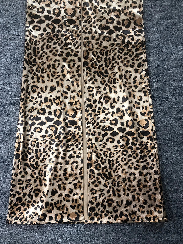 Satin Leopard Print Strapless Maxi Dress