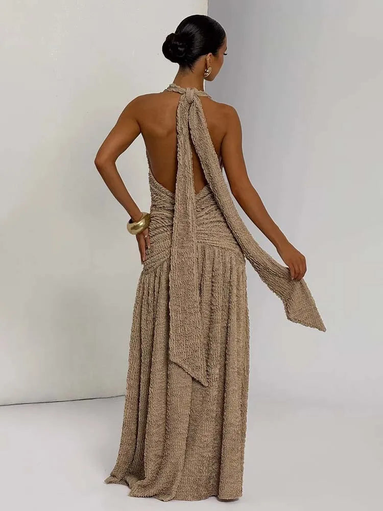 Textured Pleated Deep Halter Neck Maxi Dress