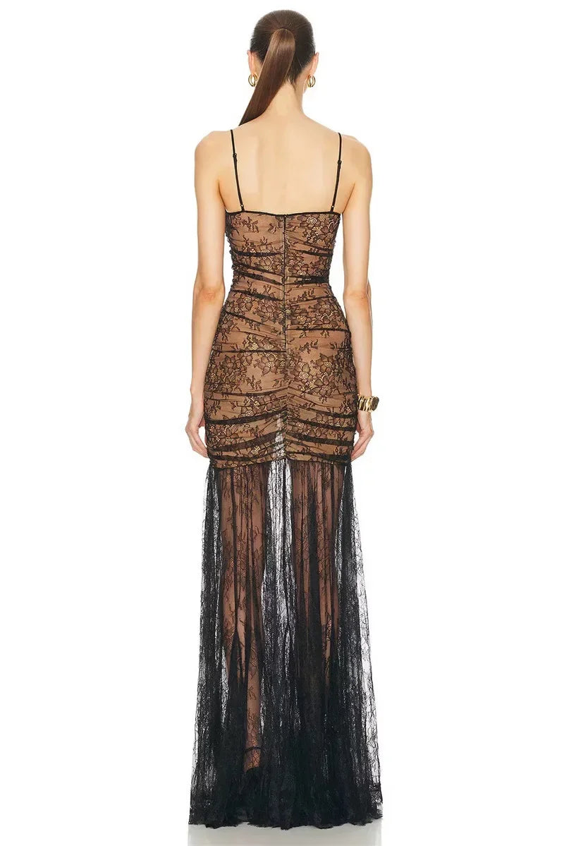 Black Lace Mesh Bodycon Gown with Sheer Overlay