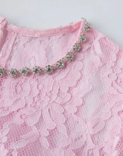 Pink Lace Long Sleeve Rhinestone Neck Bustier Midi Dress