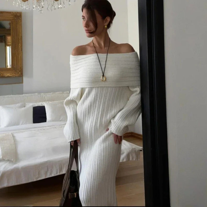 Knitted Off-Shoulder Long-Sleeved Maxi Dress