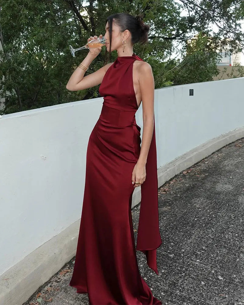 Burgundy Satin Halter Gown | Elegant Open-Back Evening Dress