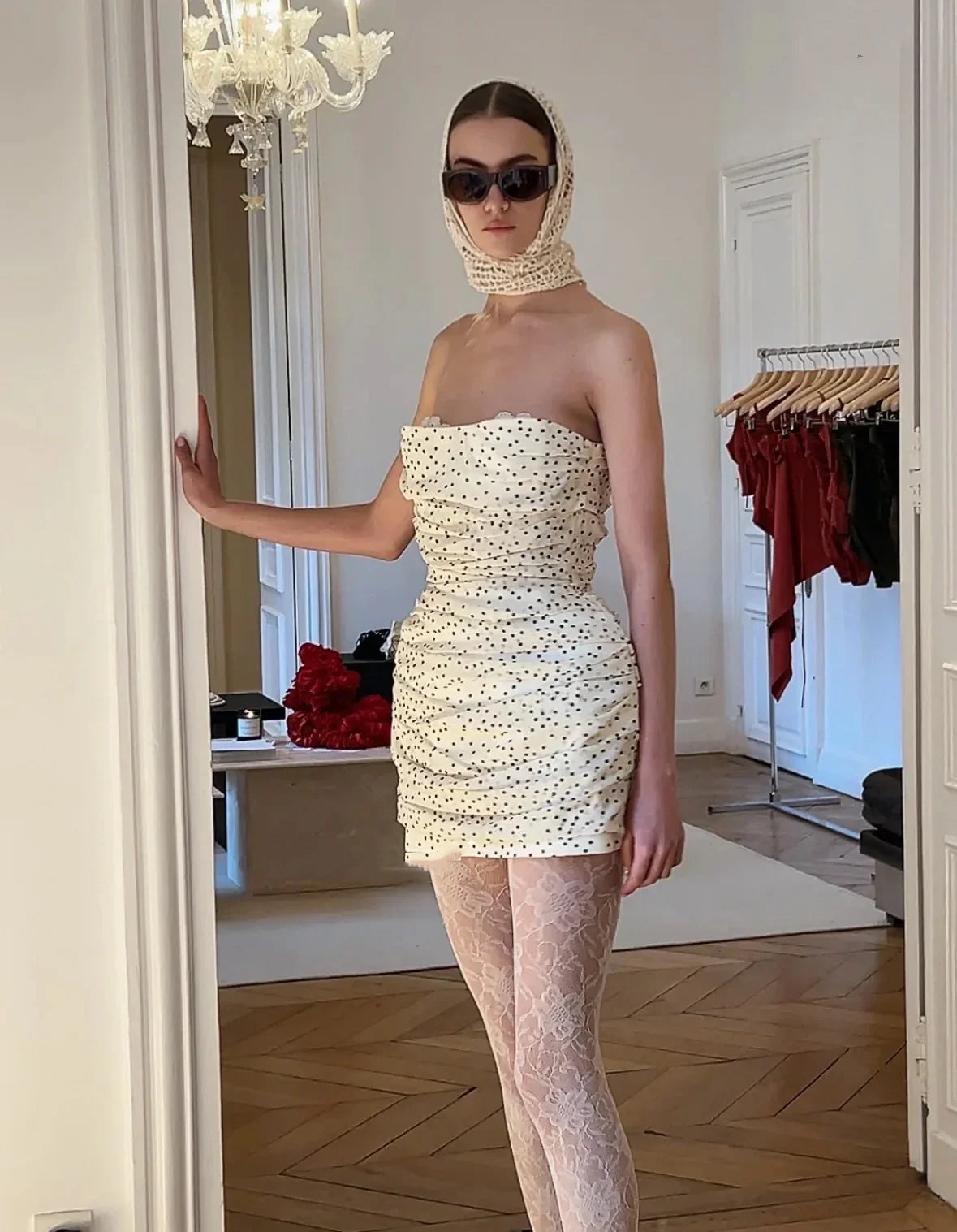 Black & Apricot Floral Print Strapless Mini Dress